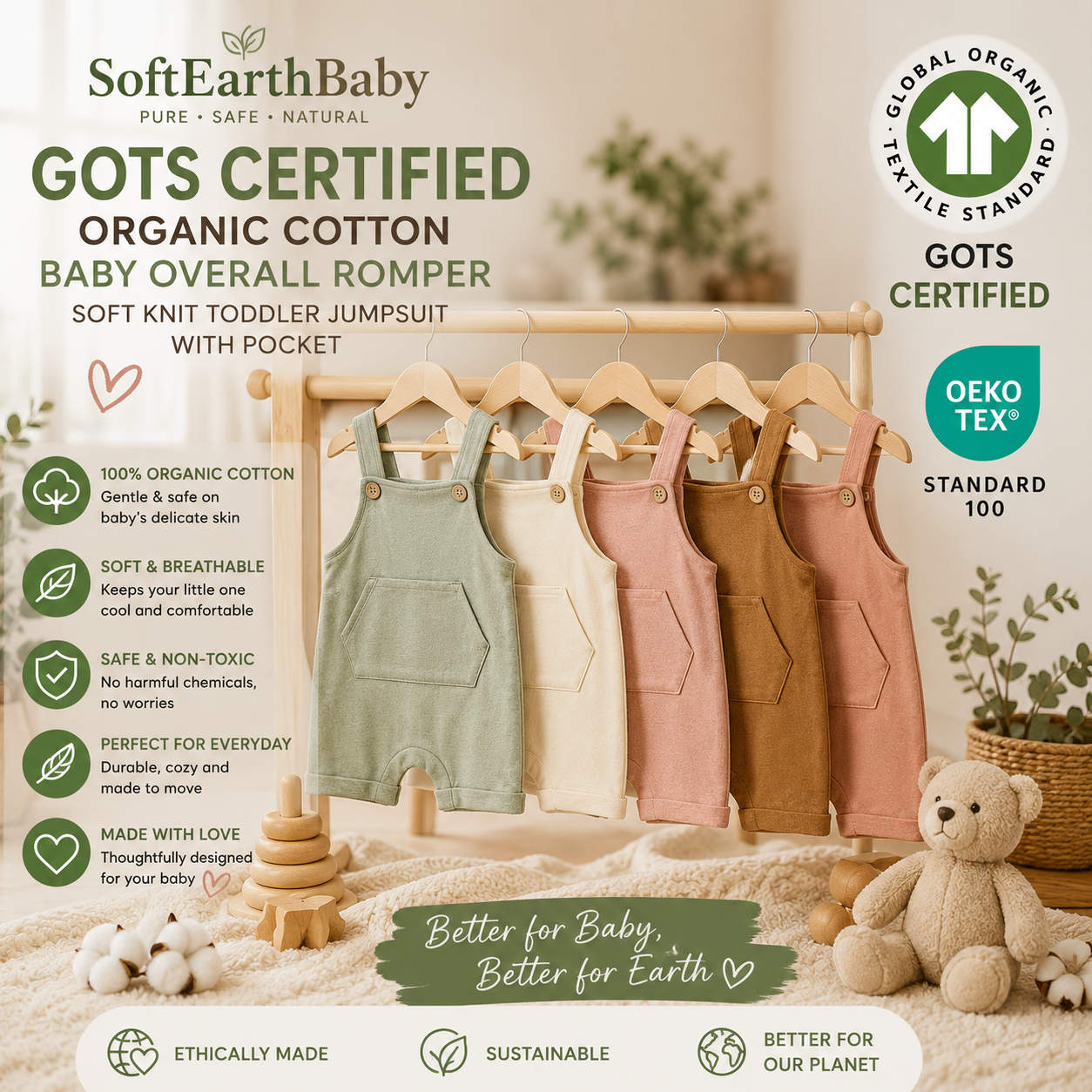 GOTS Certified Organic Cotton Baby Overall Romper – Soft Knit Toddler Jumpsuit with Pocket