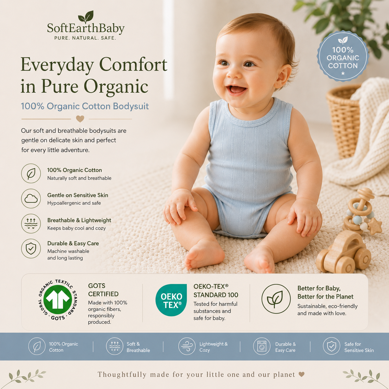 Soft Ribbed Organic Cotton Baby Bodysuit | Breathable Sleeveless Romper