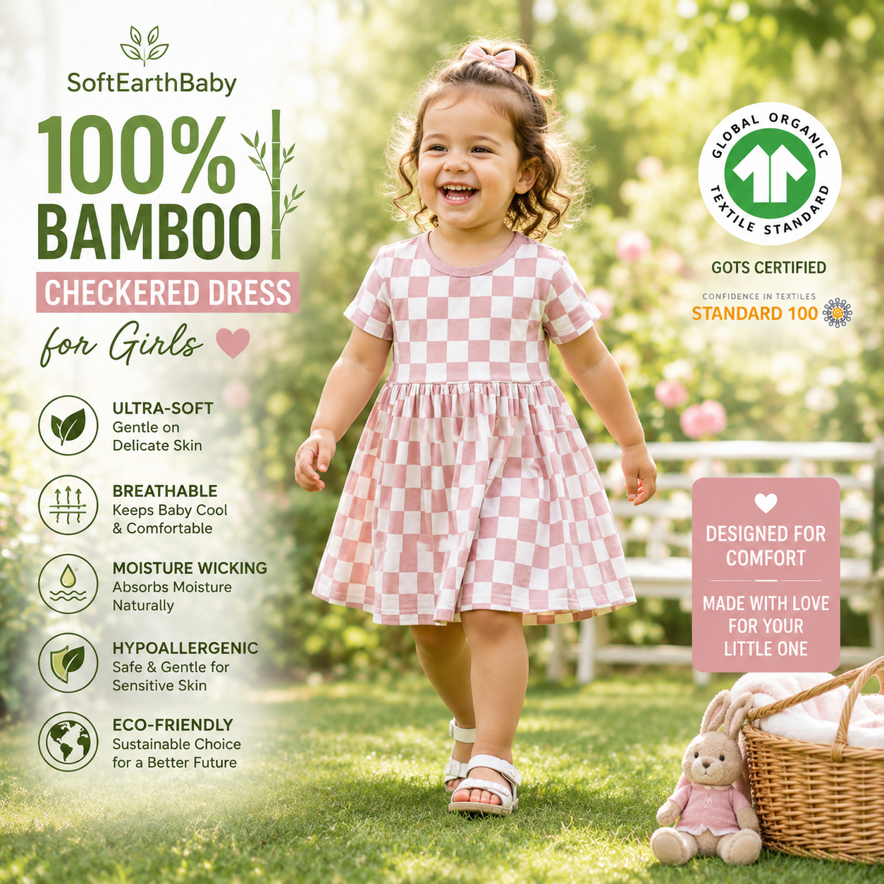 Organic Bamboo Checkered Baby Dress | Ultra Soft & Breathable Toddler Dress | SoftEarthBaby