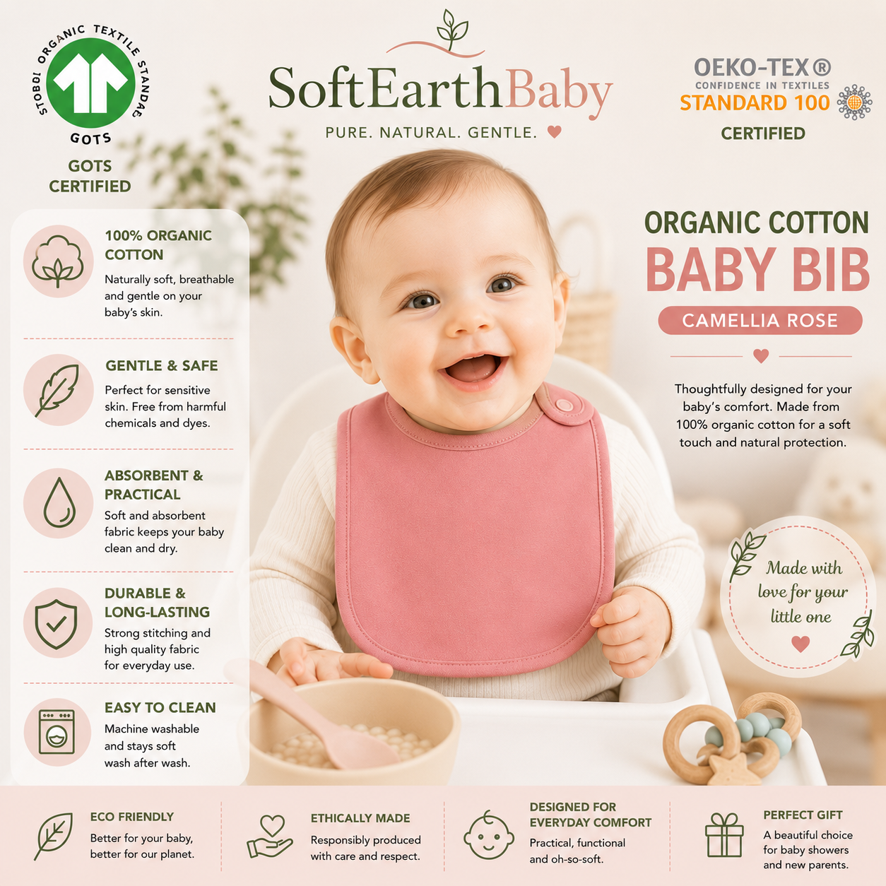 Organic Cotton Baby Bib – Soft Pink Feeding Bib for Babies and Toddlers