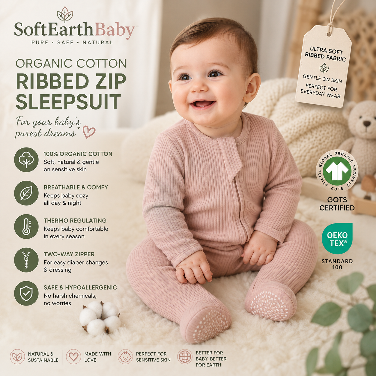 Organic Cotton Ribbed Zip Baby Sleepsuit – Ultra Soft Footed One-Piece Pajamas for Newborns & Infants | SoftEarthBaby