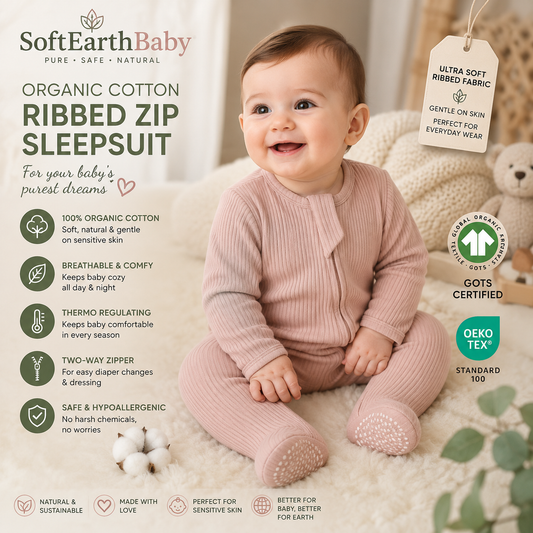 Organic Cotton Ribbed Zip Baby Sleepsuit – Ultra Soft Footed One-Piece Pajamas for Newborns & Infants | SoftEarthBaby