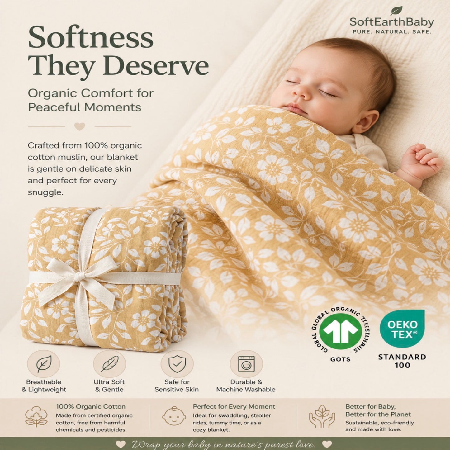Organic Cotton Muslin Baby Blanket – Golden Blossom