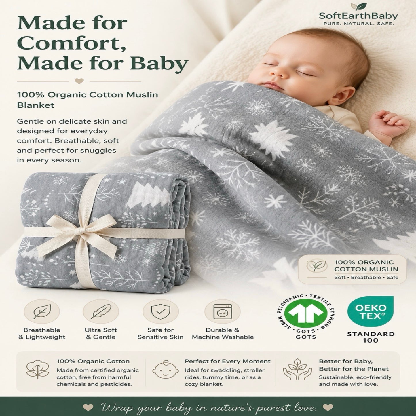 Organic Cotton Muslin Baby Blanket – Winter Forest