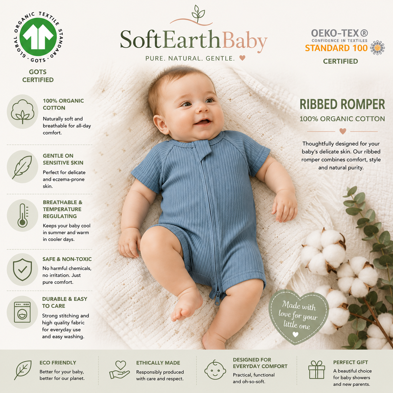 Organic Cotton Ribbed Baby Romper with Snap Closure – GOTS Certified