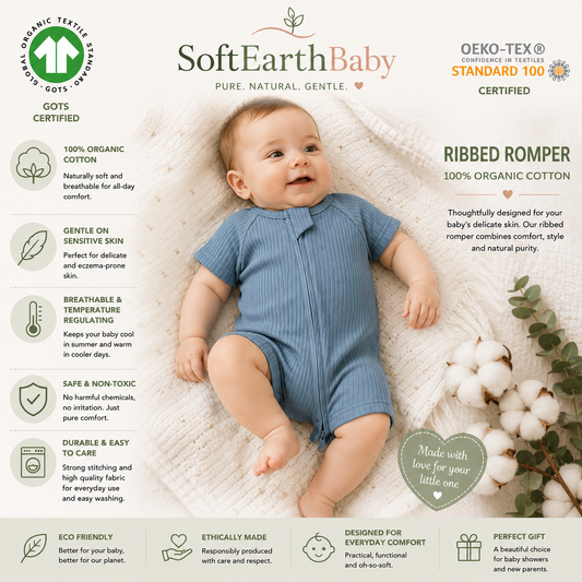 Organic Cotton Ribbed Baby Romper with Snap Closure – GOTS Certified
