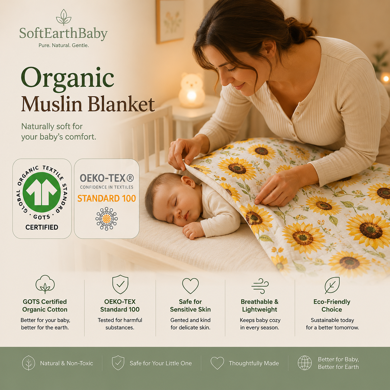 Organic Cotton Muslin Baby Blanket – Sunshine Meadow