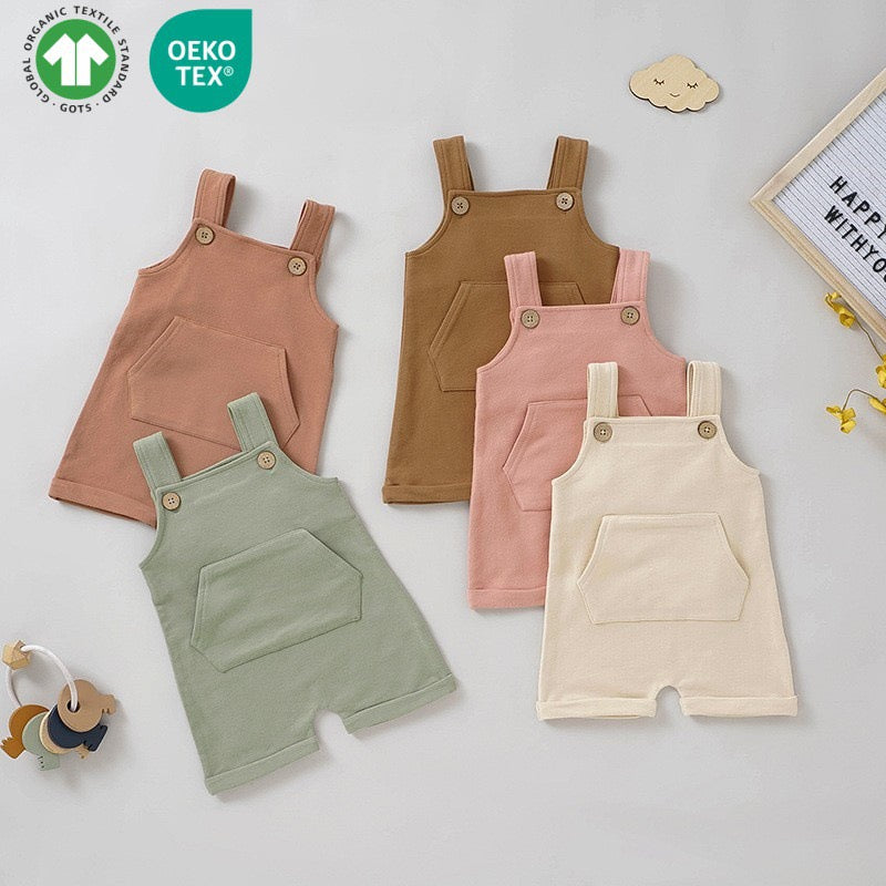 GOTS Certified Organic Cotton Baby Overall Romper – Soft Knit Toddler Jumpsuit with Pocket