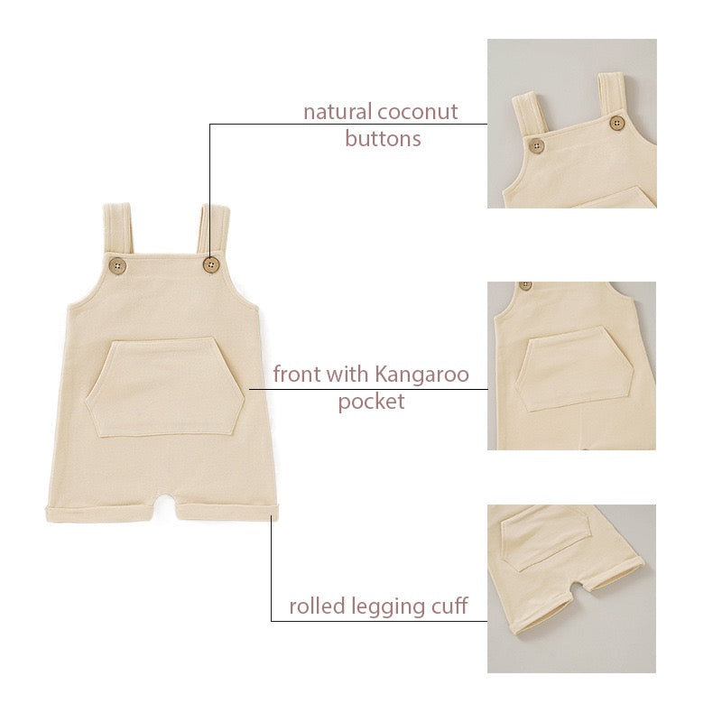 GOTS Certified Organic Cotton Baby Overall Romper – Soft Knit Toddler Jumpsuit with Pocket